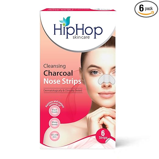 HipHop Skin Care Cleansing Charcoal Nose Strips (6 Strips), Blackheads, Whiteheads Remover, Pore Cleanser, with Natural Extracts, for Women, All Skin Types