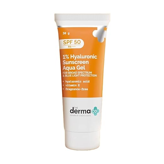The Derma Co 1% Hyaluronic Sunscreen SPF 50 Aqua Gel, PA++++, Lightweight, No white-cast for Broad Spectrum & Blue Light Protection for Oily, Dry, Acne-prone Skin - 30g
