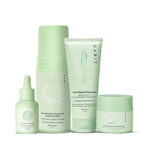 Gabit Skincare Gamechangers Kit | Contains Niacinamide & Hyaluronic Facewash, 8% Vitamin C Serum, Ceramide & Hyaluronic Moisturizer, 100% Mineral Sunscreen |For Men & Women |For All Skin Types, 230 ml