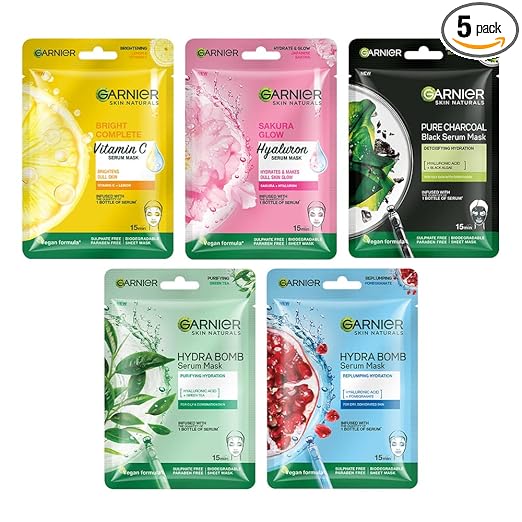 Garnier Skin Naturals, Face Mask Set, Hydrating, Pore Reducing, Brightening, and Enhances Glow, Hydra Bomb Serum Mask & Black Serum Mask, 5 pcs, 140g