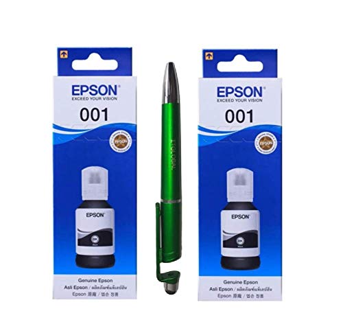 Epson 001 T03Y1 Black Ink for (L4150,L4160,L6160,L6170,L6190) (Set of 2) C13T03Y198 with 3in1 Multi-Function Mobile Phone Stand Stylus Pen Anti-Metal Texture Rotating Ballpoint Pen