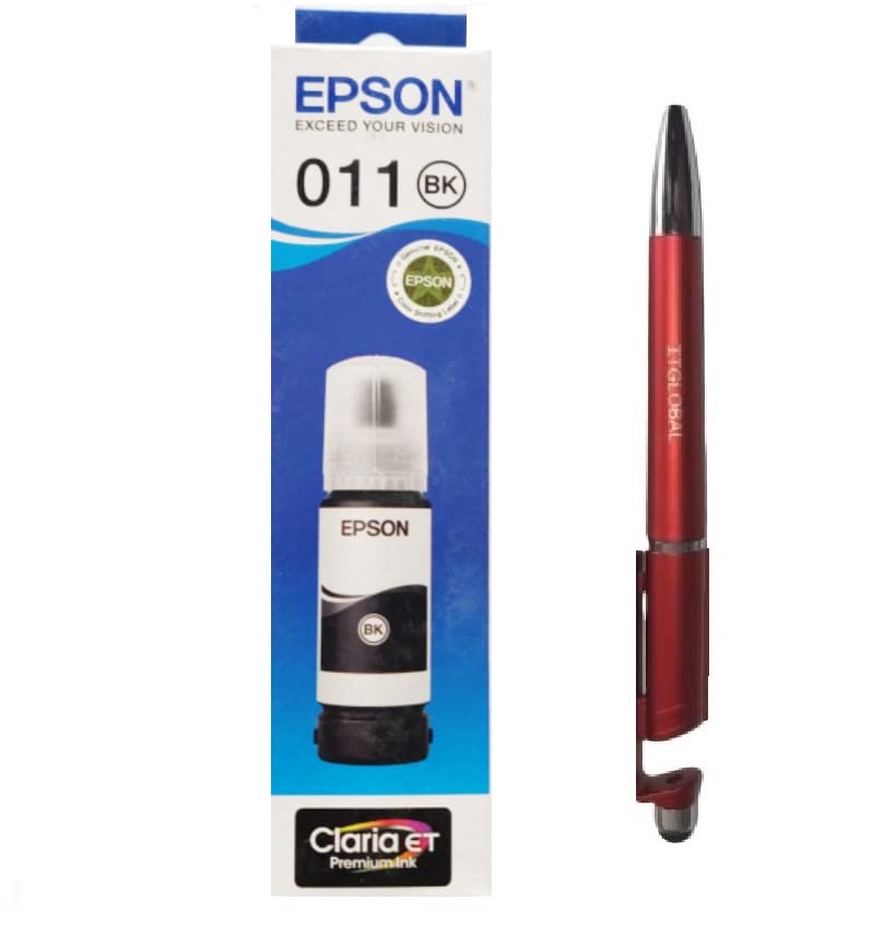 Epson 011 Photo Black Ink Bottle 70ML C13T07J198 with 3in1 Multi-Function Mobile Phone Stand, Stylus Pen, Anti-Metal Texture Rotating Ballpoint Pen (Very Colors)