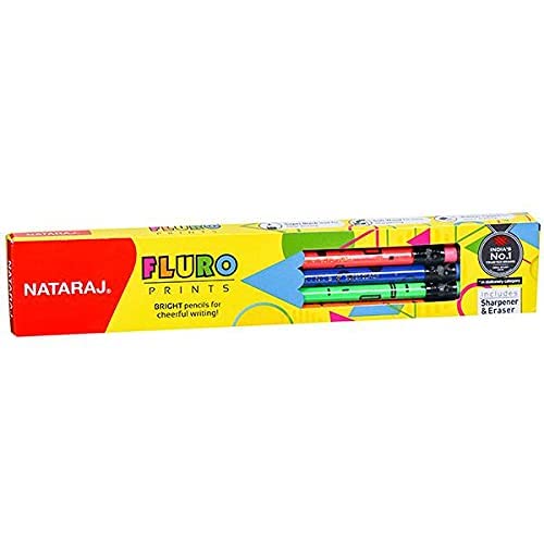 Nataraj fluro prints Pencils, Round Shape Body for Strong Grip, Multipal colour look for executives, Easy Sharpening, Good Handwriting, Free Sharpener, Superior lead quality, (Pack of 10)
