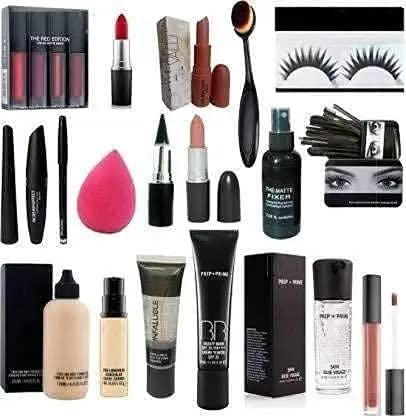 Eaglehunt Mac Combo Makeup kit for Girls set of 19, Face and Body Foundation, 3in1, Kajal, Brush set of 7, 3 lipsticks, Red edition, BB cream, Primer, Concealer, Puff, Eyelashes, Foundation Brush