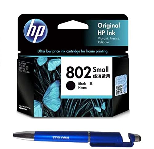 HP 802 Small Ink Cartridge (Black) with 3in1 Multi-Function Mobile Phone Stand, Stylus Pen, Anti-Metal Texture Rotating Ballpoint Pen (Very Colors)