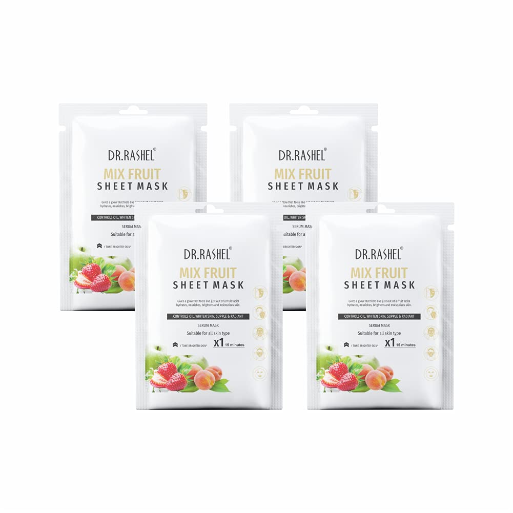 DR.RASHEL Mix Fruit Face Sheet Mask With Serum For Women and Men | All Skin Types | Soft and Healthy Skin | Deep Cleansing & Oil Control | Repairing & Nourishment | Soothing And Hydrating | Paraben Free | Pack Of 4 | 20 Grams Each
