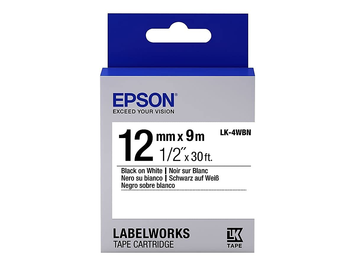 Epson LabelWorks Standard LK (Replaces LC) Tape Cartridge ~1/2" Black on White (LK-4WBN) - for use with LabelWorks LW-300, LW-400, LW-600P and LW-700 Label Printers