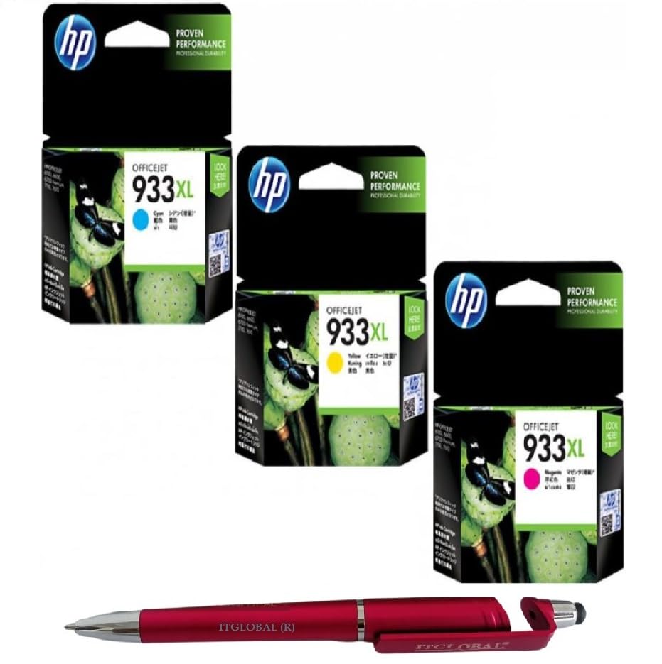 HP 933XL C/M/Y Ink Cartridge (Set of 3) with 3in1 Multi-Function Mobile Phone Stand Stylus Pen Anti-Metal Texture Rotating Ballpoint Pen (Very Colors)