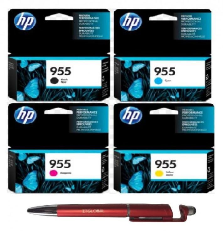HP 955 B/C/M/Y Ink Cartridge (Set of 4) with 3in1 Multi-Function Mobile Phone Stand, Stylus Pen, Anti-Metal Texture Rotating Ballpoint Pen (Very Colors)