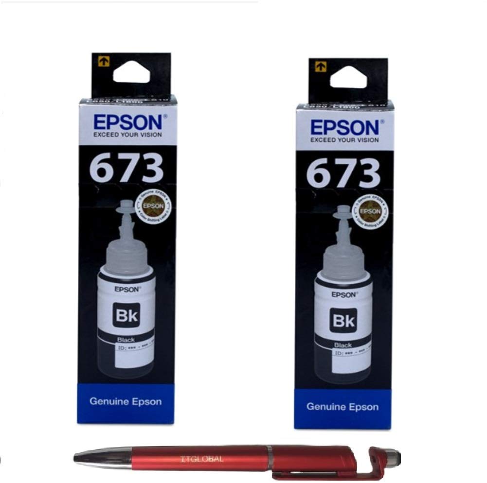 Epson T6731 Black (Set of 2) Ink Bottles with 3in1 Multi-Function Mobile Phone Stand, Stylus Pen, Anti-Metal Texture Rotating Ballpoint Pen (Very Colors)