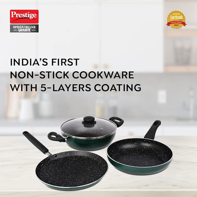 Prestige Omega Deluxe Non-Stick Cookware 3 Pc Set | PFOA Free 5-Layer Coating | Omni Tawa 25 cm | Fry Pan 24 cm | Kadai with Glass Lid 24 cm | Moss Green | Dishwasher Safe