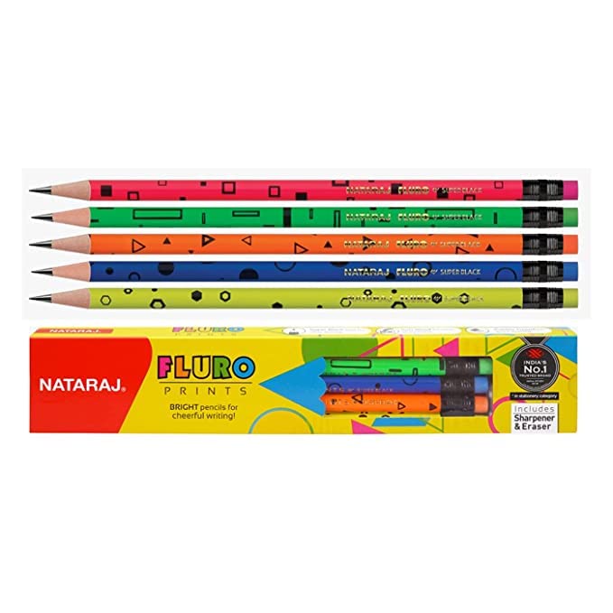 Nataraj fluro prints Pencils, Round Shape Body for Strong Grip, Multipal colour look for executives, Easy Sharpening, Good Handwriting, Free Sharpener, Superior lead quality, (Pack of 10)