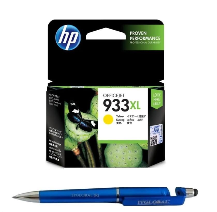 HP 933XL Yellow Ink Cartridge CNO56Y Bundle with 3 in 1 Multi-Function Creative Mobile Phone Stand, Stylus Pen, Ballpoint Pen (Very Colors)