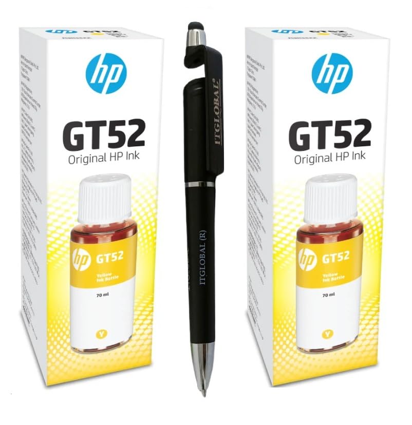HP GT52 Ink Bottle (Yellow) Twin (Set of 2) with 3in1 Multi-Function Mobile Phone Stand, Stylus Pen, Anti-Metal Rotating Ballpoint Pen (Very Colors)
