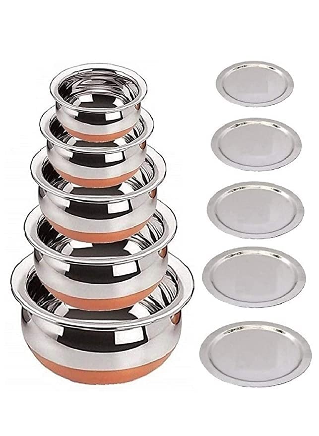LiMETRO STEEL Set of 5 Copper Bottom Stainless Steel Handi Set/Cookware Set with Lid (5 Pieces, Capacity : 0.5 LTR, 0.75 LTR, 1 LTR, 1.5 LTR, 2 LTR) (Copper), Silver…