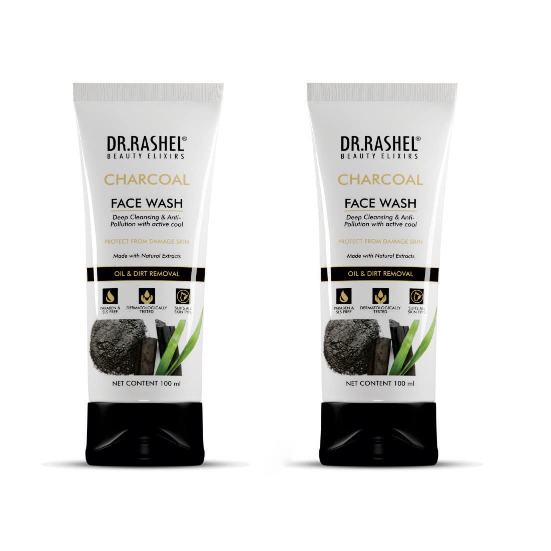 DR.RASHEL Face Wash Natural Extracts Charcoal Facewash Deep Cleansing & Helps Reduce Dirt and Oil Suitable For All Skin Types -Pack of 2(100 ML) Each