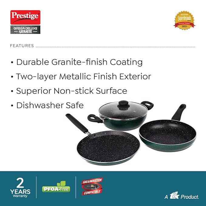 Prestige Omega Deluxe Non-Stick Cookware 3 Pc Set | PFOA Free 5-Layer Coating | Omni Tawa 25 cm | Fry Pan 24 cm | Kadai with Glass Lid 24 cm | Moss Green | Dishwasher Safe