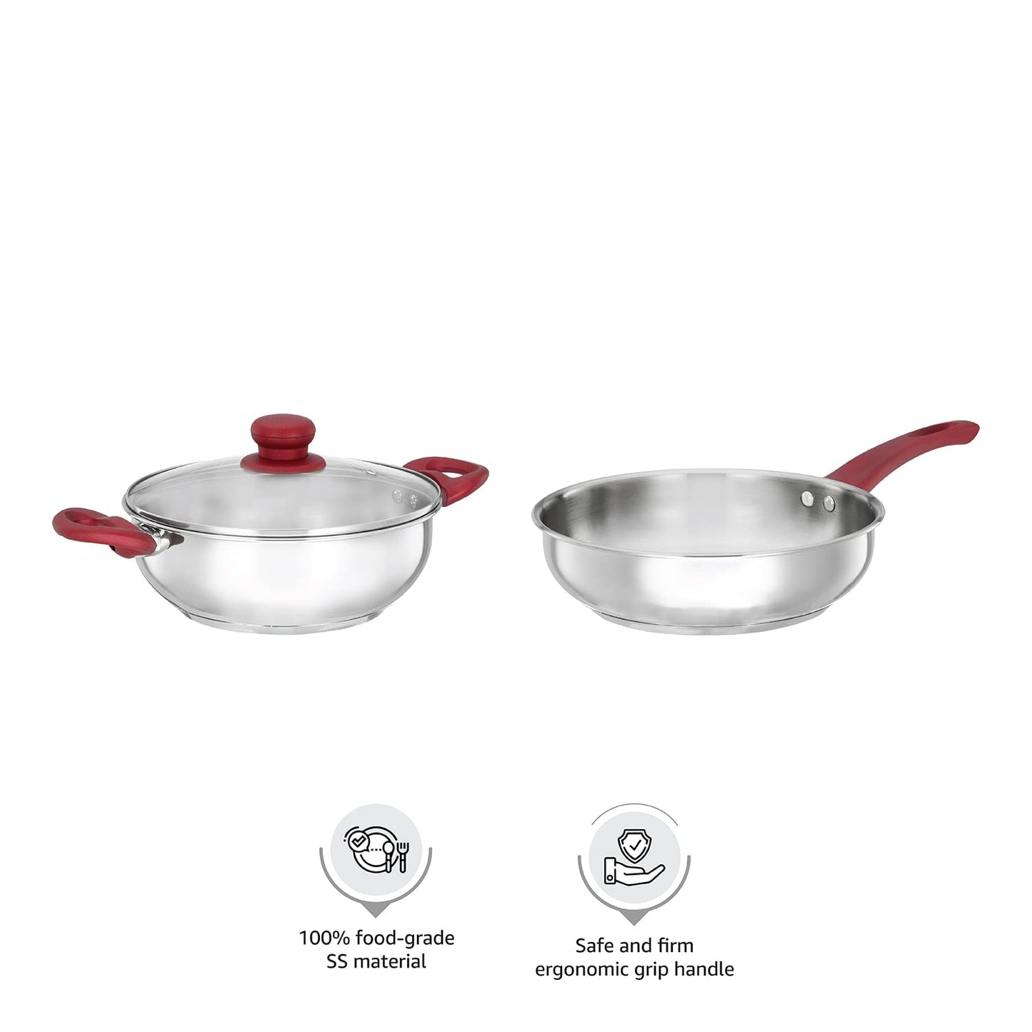 Solimo Stainless Steel Heavy Bottom 2 Piece Cookware Set |Three Layer Impact Forged Bottom for Durability | Premium Look with Soft Touch Handles and Knob, 22 Cm, 2700 Milliliter