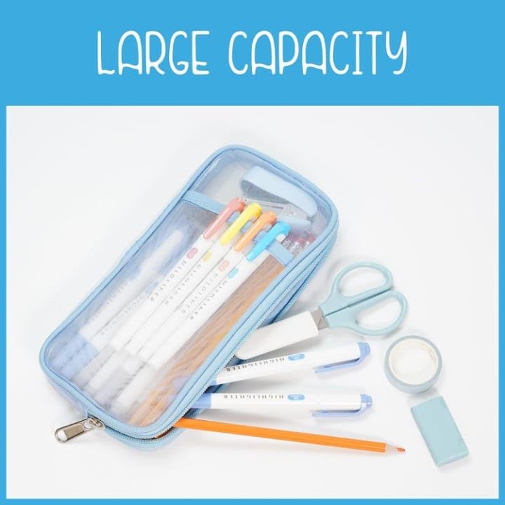 Elegious Net Pencil Pouch Durable, Stylish & Spacious Organizer for Pens, Pencils, and Small Accessories Ideal for School, Office, and Travel Pack of 1 (NET SkyBlue Pouch)