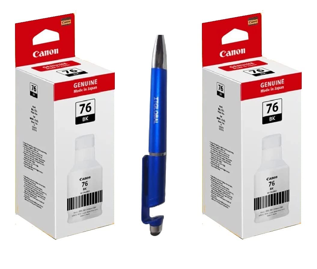 Canon 76 Black Twin Ink Bottles with Retail market 3in1 Multi-Function Mobile Phone Stand, Stylus Pen, Anti-Metal Texture Rotating Ballpoint Pen (Very Colors) Gi 76 Gi-76 Gi76
