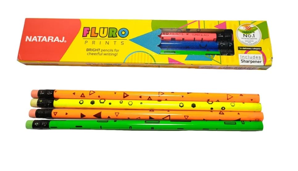 Nataraj Fluro Prints RT Pencils, Attractive Designs With Fluro Scent Colors for Cheerful Writing, Long Lasting Impressions, Soft Wood Makes Sharpening Easy (Pack of 10)