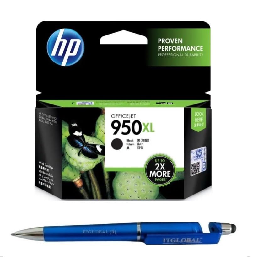 HP 950XL Black Ink Cartridge CN045AA Bundle with 3 in 1 Multi-Function Creative Mobile Phone Stand, Stylus Pen, Ballpoint Pen (Very Colors)