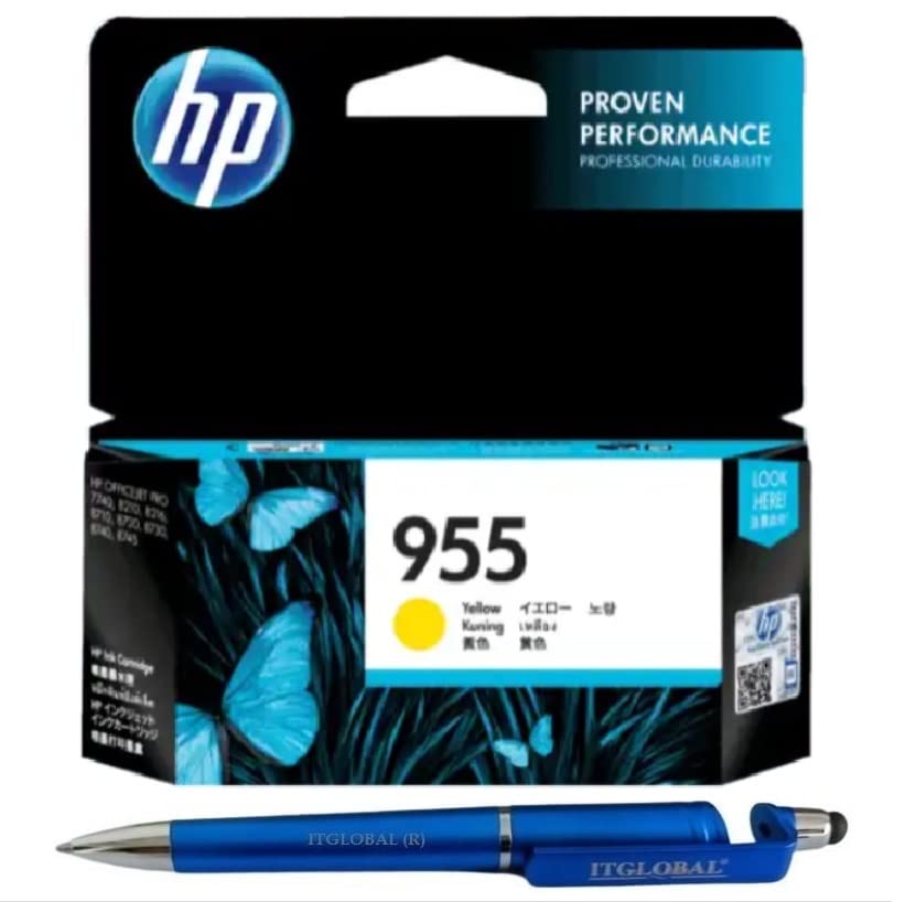 HP 955 Ink Cartridge (Yellow) with 3in1 Multi-Function Mobile Phone Stand, Stylus Pen, Anti-Metal Texture Rotating Ballpoint Pen (Very Colors)