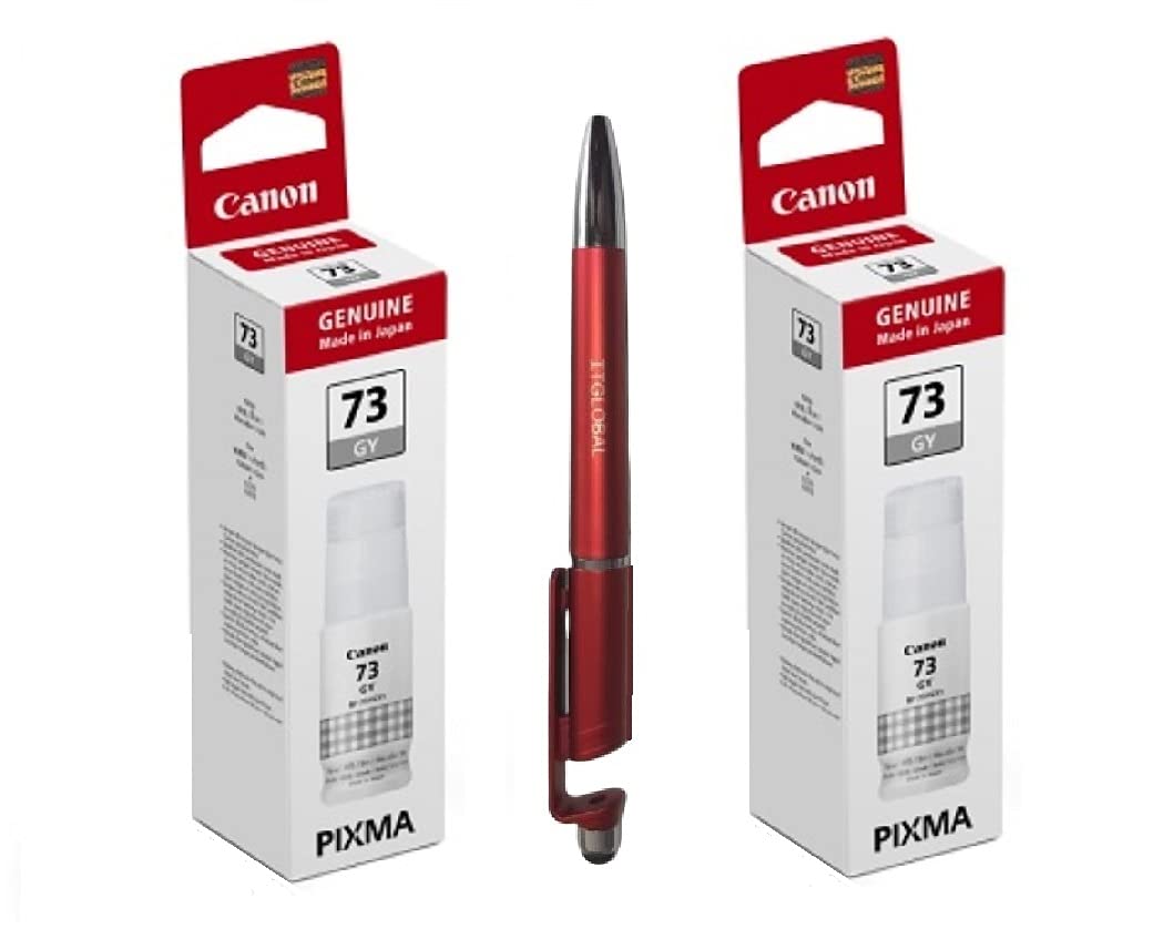 Canon 73 Grey Twin Ink Bottles with ITGLOBAL 3in1 Multi-Function Mobile Phone Stand, Stylus Pen, Anti-Metal Texture Rotating Ballpoint Pen (Very Colors) GI-73 Gi 73 Gi73