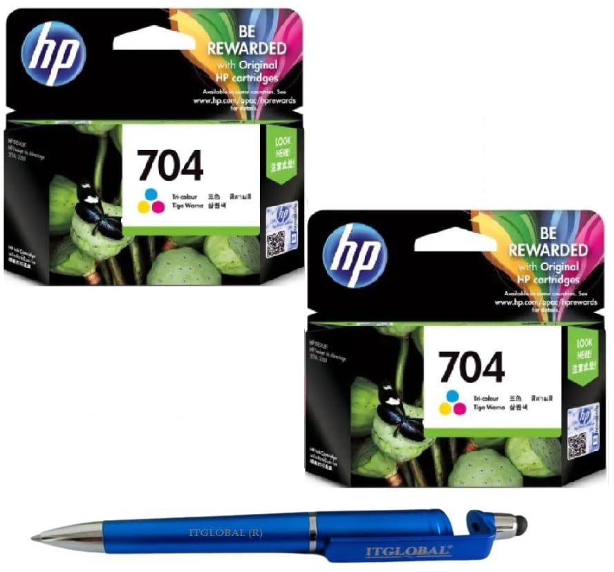 HP 704 Ink Cartridge (Colour) Twin (Set of 2) with 3in1 Multi-Function Mobile Phone Stand, Stylus Pen, Anti-Metal Rotating Ballpoint Pen (Very Colors)