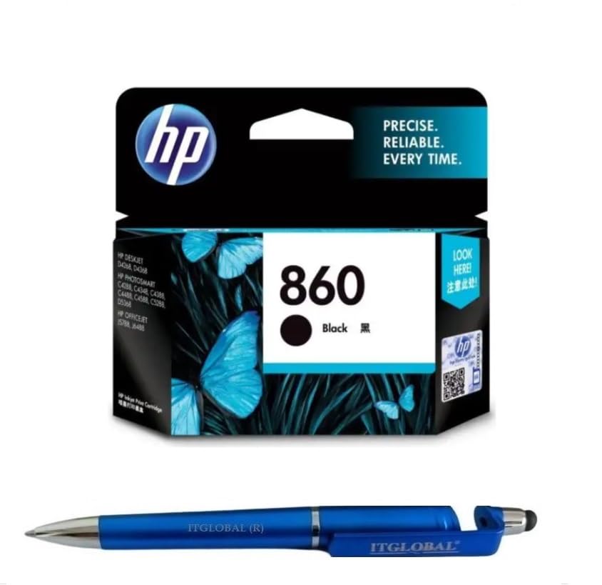 HP 860 Black Ink Cartridge CB335ZZ Bundle with 3 in 1 Multi-Function Creative Mobile Phone Stand, Stylus Pen, Ballpoint Pen (Very Colors)