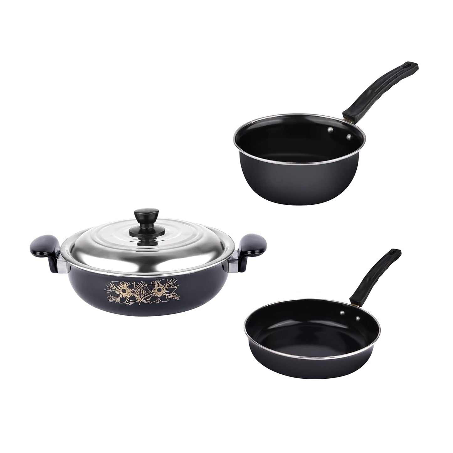 JESA HOMES 3 Pieces Accessories | Non Stick Induction Cookware Cooking Cooktop Combo Set for Kitchen | Kadai with Lid, Sauce Pan, Fry - Frying Pan | Made of Cast Iron