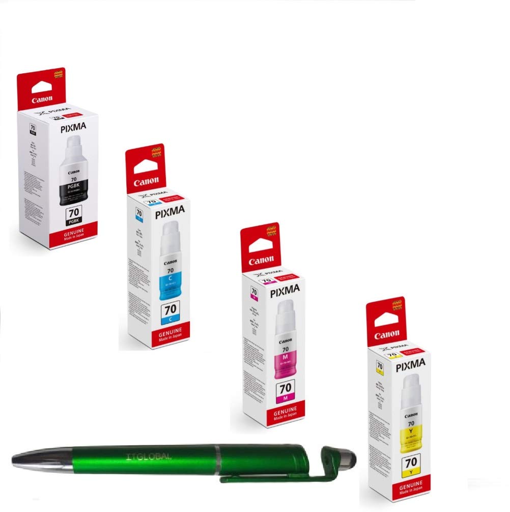 Canon GI 70 B/C/Y/M Ink Bottles G5070 G6070 G7070 GM2070 Printers with 3in1 Multi-Function Mobile Phone Stand, Stylus Pen, Anti-Metal Texture Rotating Ballpoint Pen