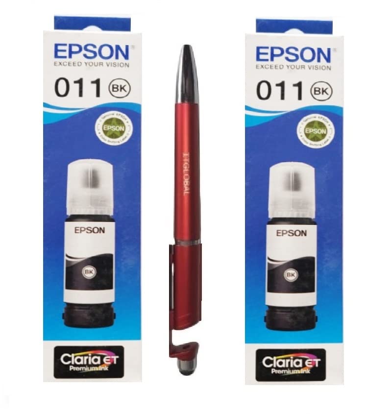 Epson 011 Photo Black Ink Bottle (Set of 2) C13T07J198 with 3in1 Multi-Function Mobile Phone Stand, Stylus Pen, Anti-Metal Texture Rotating Ballpoint Pen (Very Colors)