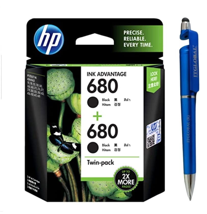 HP 680 Black & Black Combo Ink Cartridge Bundle with 3 in 1 Multi-Function Creative Mobile Phone Stand, Stylus Pen, Ballpoint Pen (Very Colors)