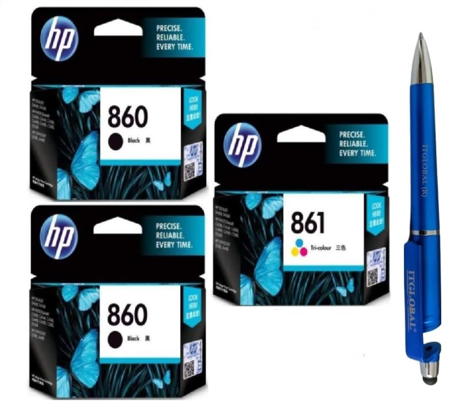 HP 860 Twin & 861 Ink Cartridge (Set of 3) with 3in1 Multi-Function Mobile Phone Stand, Stylus, Anti-Metal Texture Rotating Ballpoint Pen (Very Colors)