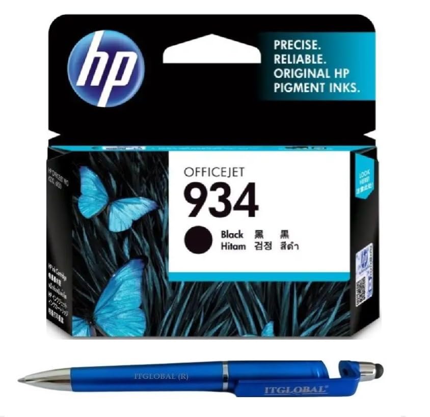 HP 934 Black Ink Cartridge C2P19ZZ Bundle with 3 in 1 Multi-Function Creative Mobile Phone Stand, Stylus Pen, Ballpoint Pen (Very Colors)