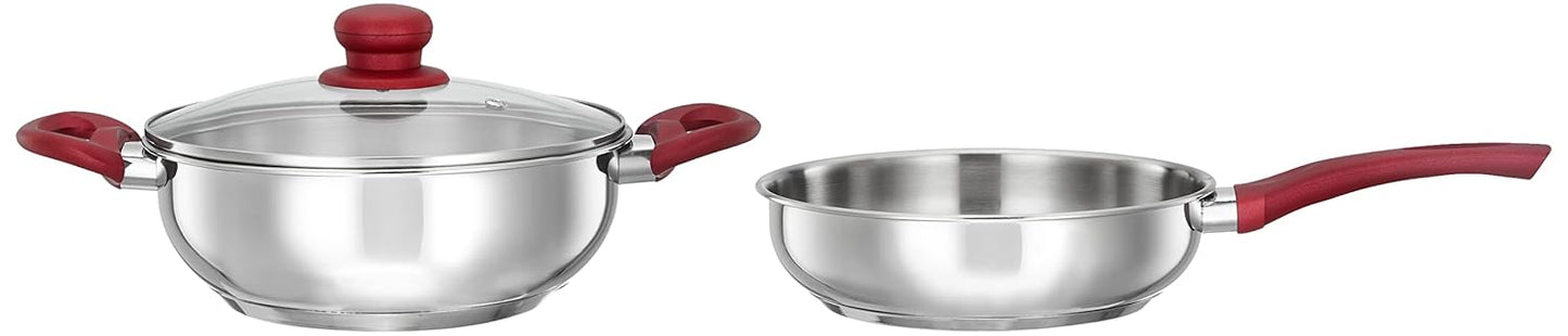 Solimo Stainless Steel Heavy Bottom 2 Piece Cookware Set |Three Layer Impact Forged Bottom for Durability | Premium Look with Soft Touch Handles and Knob, 22 Cm, 2700 Milliliter