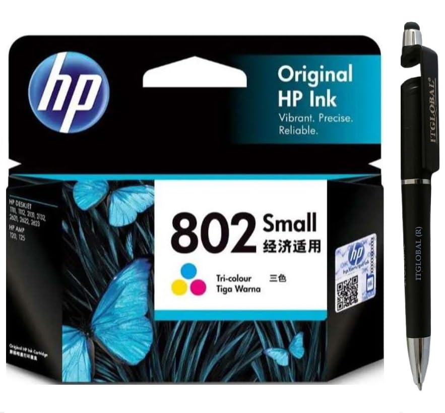 HP 802 Small Ink Cartridge (Colour) with 3in1 Multi-Function Mobile Phone Stand, Stylus Pen, Anti-Metal Texture Rotating Ballpoint Pen (Very Colors)