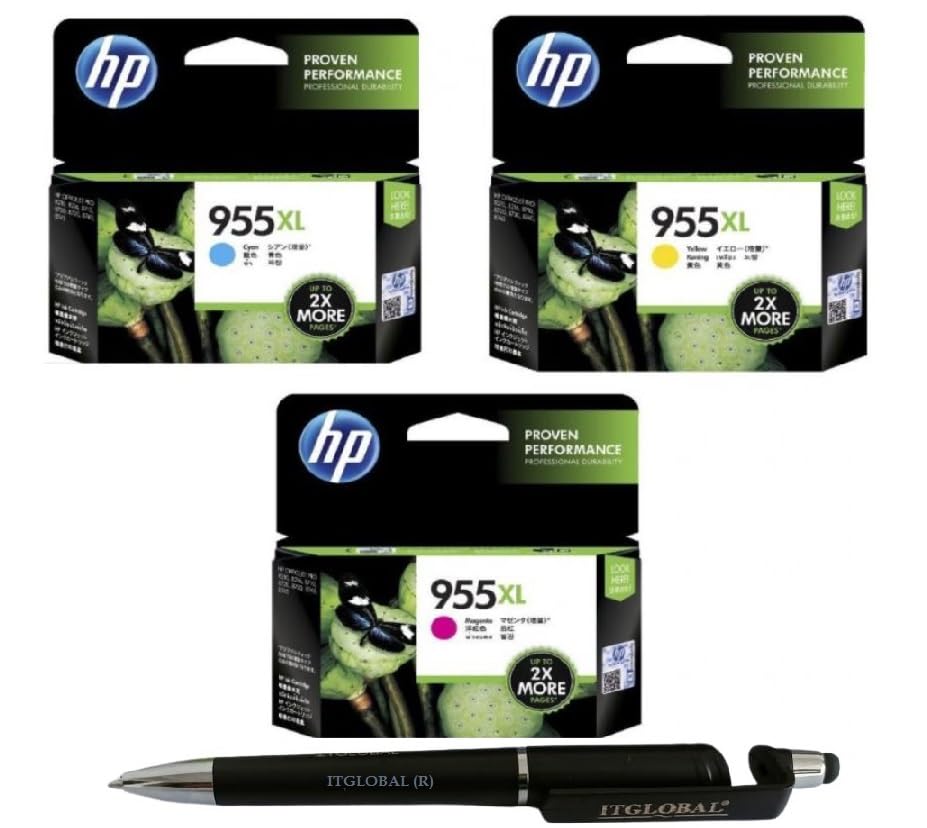 HP 955XL C/M/Y Ink Cartridge (Set of 3) with 3in1 Multi-Function Mobile Phone Stand Stylus Pen Anti-Metal Texture Rotating Ballpoint Pen (Very Colors)