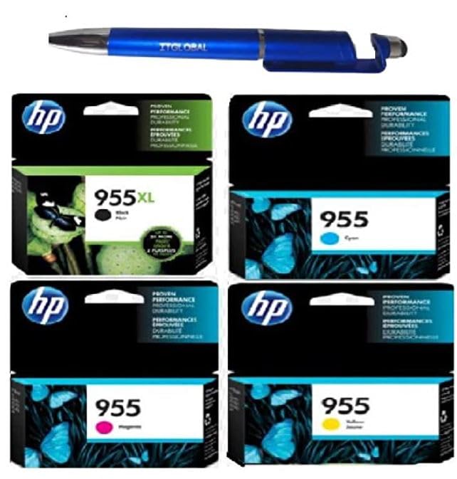 HP 955XL Black & 955 C/M/Y Ink Cartridge (Set of 4) with 3in1 Multi-Function Mobile Phone Stand, Stylus Pen, Anti-Metal Texture Rotating Ballpoint Pen (Very Colors)