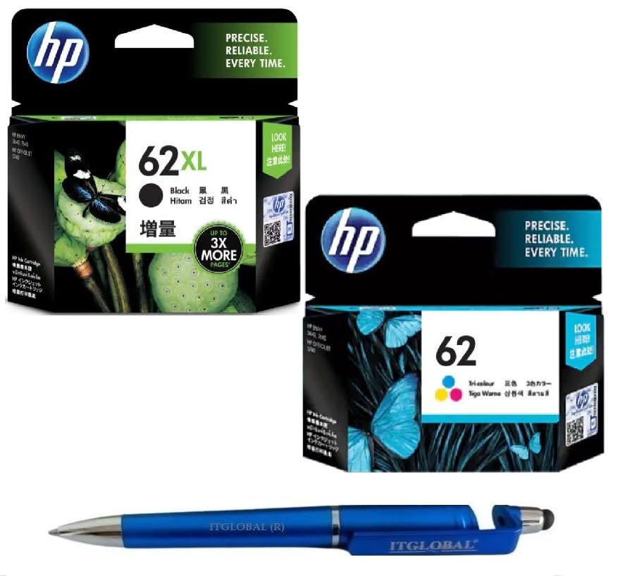HP 62XL Black & 62 Colour Ink Cartridge (Set of 2) Bundle with 3 in 1 Multi-Function Creative Mobile Phone Stand, Stylus Pen, Ballpoint Pen (Very Colors)