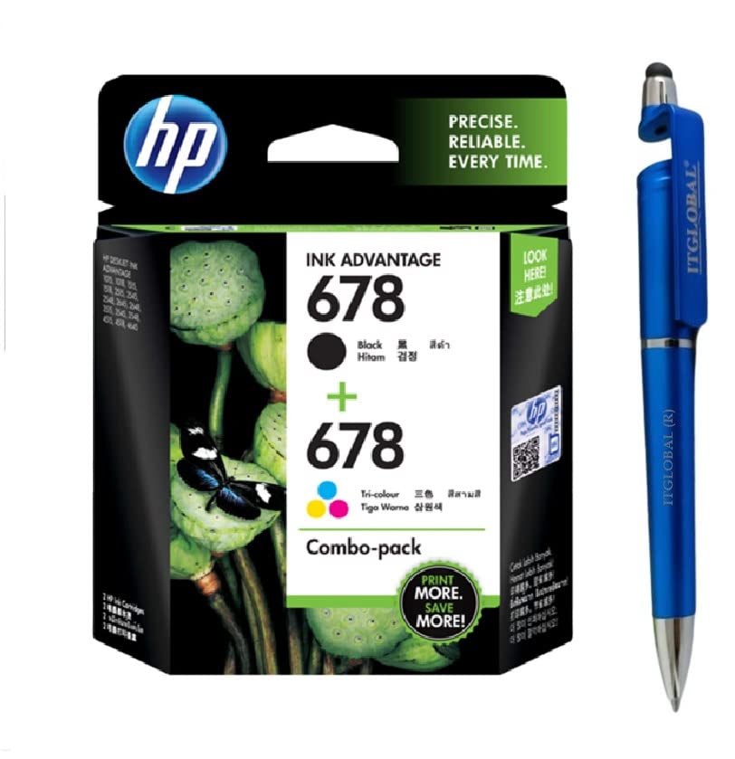 HP 678 Black & Colour Combo Ink Cartridge Bundle with 3 in 1 Multi-Function Creative Mobile Phone Stand, Stylus Pen, Ballpoint Pen (Very Colors)