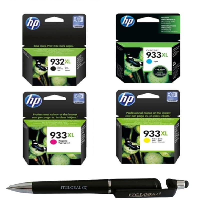 HP 932XL & 933XL C/M/Y Ink Cartridge (Set of 4) with 3in1 Multi-Function Mobile Phone Stand, Stylus Pen, Anti-Metal Texture Rotating Ballpoint Pen (Very Colors)