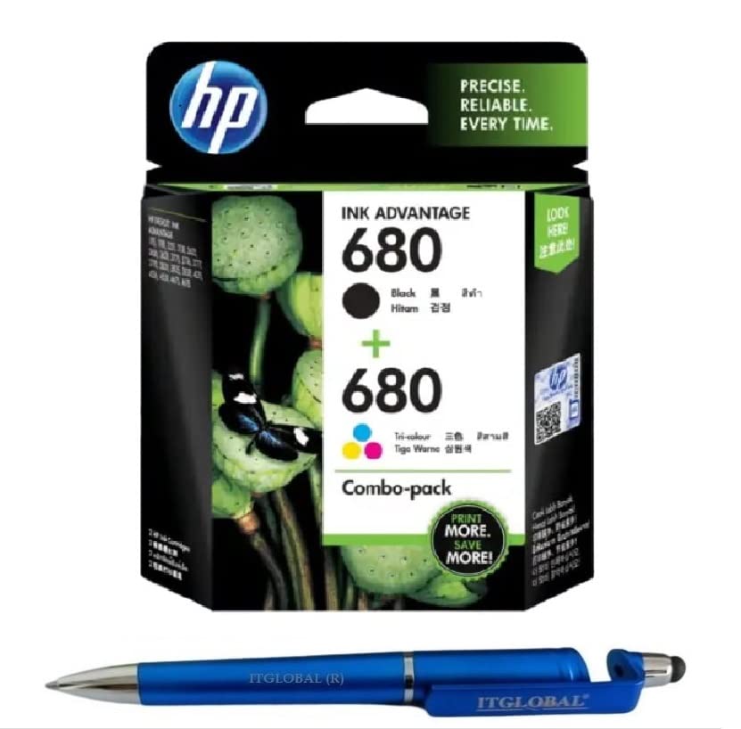 HP 680 Black & Colour (1 Pack of 2) Ink Cartridge with 3in1 Multi-Function Mobile Phone Stand, Stylus Pen, Anti-Metal Texture Rotating Ballpoint Pen (Very Colors)