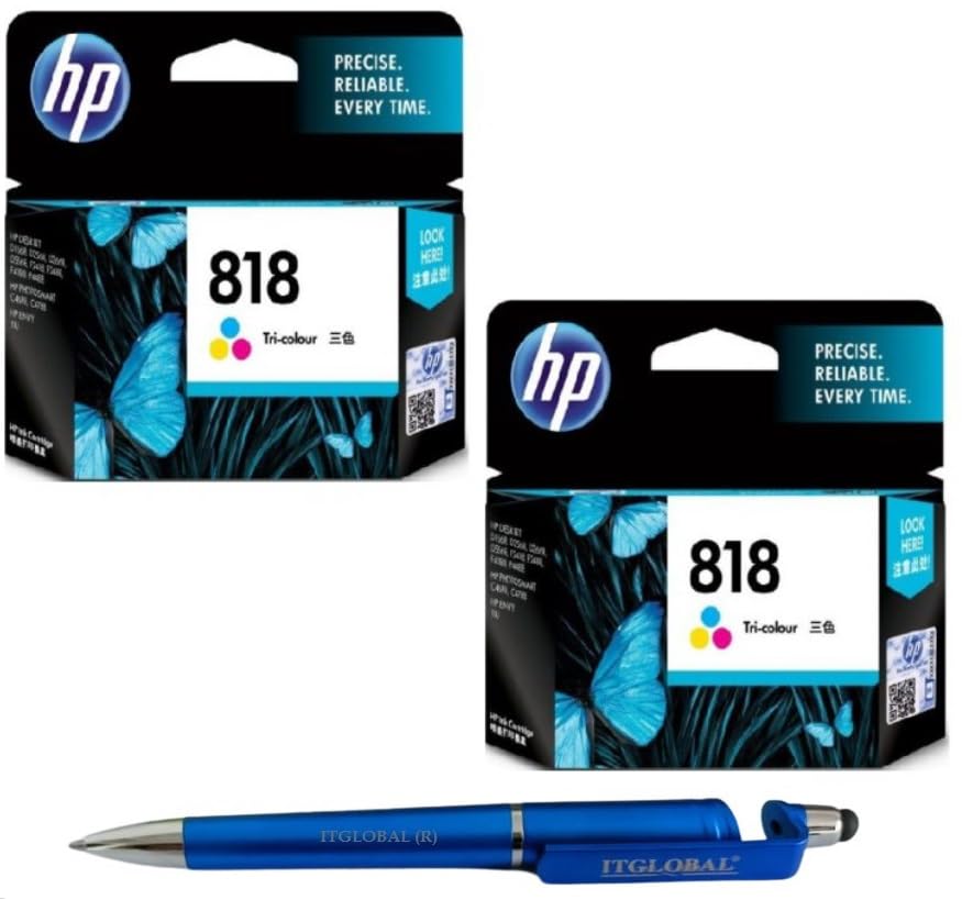 HP 818 Ink Cartridge (Colour) Twin (Set of 2) with 3in1 Multi-Function Mobile Phone Stand, Stylus Pen, Anti-Metal Texture Rotating Ballpoint Pen (Very Colors)