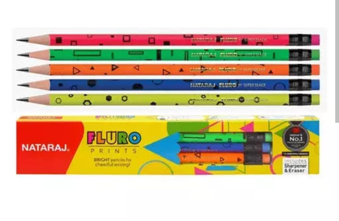 Nataraj Fluro Prints RT Pencils, Attractive Designs With Fluro Scent Colors for Cheerful Writing, Long Lasting Impressions, Soft Wood Makes Sharpening Easy (Pack of 10)