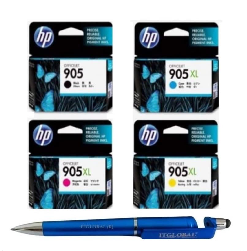 HP 905 Black & 905XL C/Y/M Ink Cartridge (Set of 4) Bundle with 3 in 1 Multi-Function Creative Mobile Phone Stand, Stylus Pen, Ballpoint Pen (Very Colors)