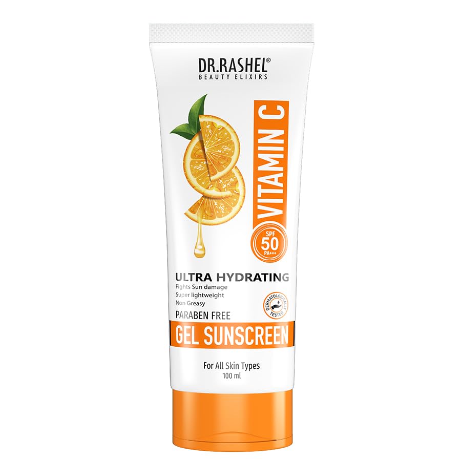 DR.RASHEL Vitamin C Sunscreen SPF 50 PA+++ Gel Ultra Hydrating Fights Sun Damage, Super Lightweight, Non Greasy Parabean Free – 100 ML |