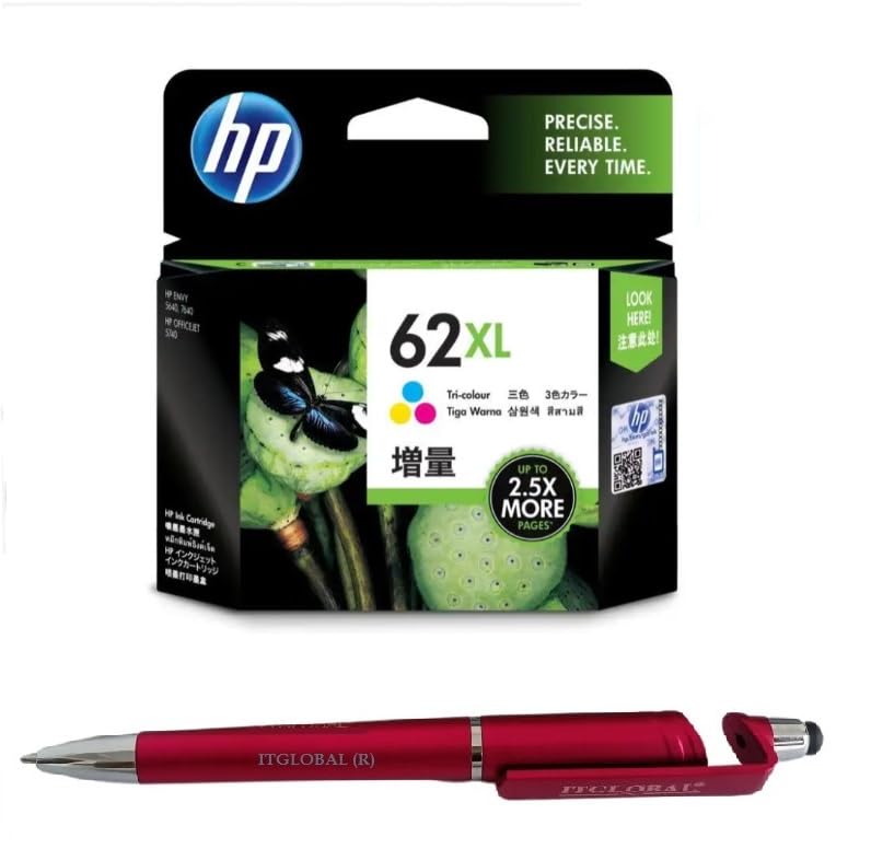 HP 62XL Ink Cartridge (Colour) with 3in1 Multi-Function Mobile Phone Stand, Stylus Pen, Anti-Metal Texture Rotating Ballpoint Pen (Very Colors)