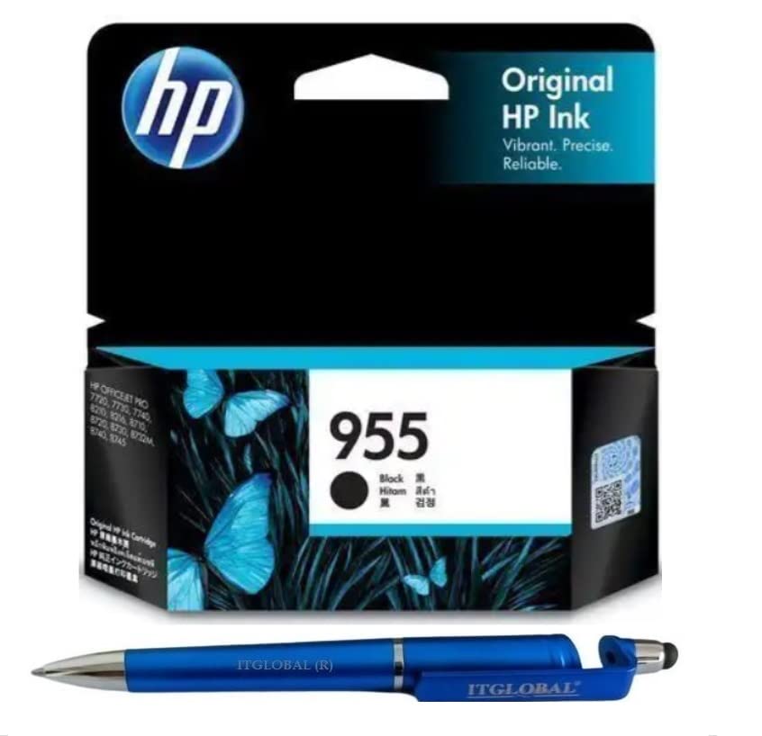HP 955 Ink Cartridge (Black) with 3in1 Multi-Function Mobile Phone Stand, Stylus Pen, Anti-Metal Texture Rotating Ballpoint Pen (Very Colors)